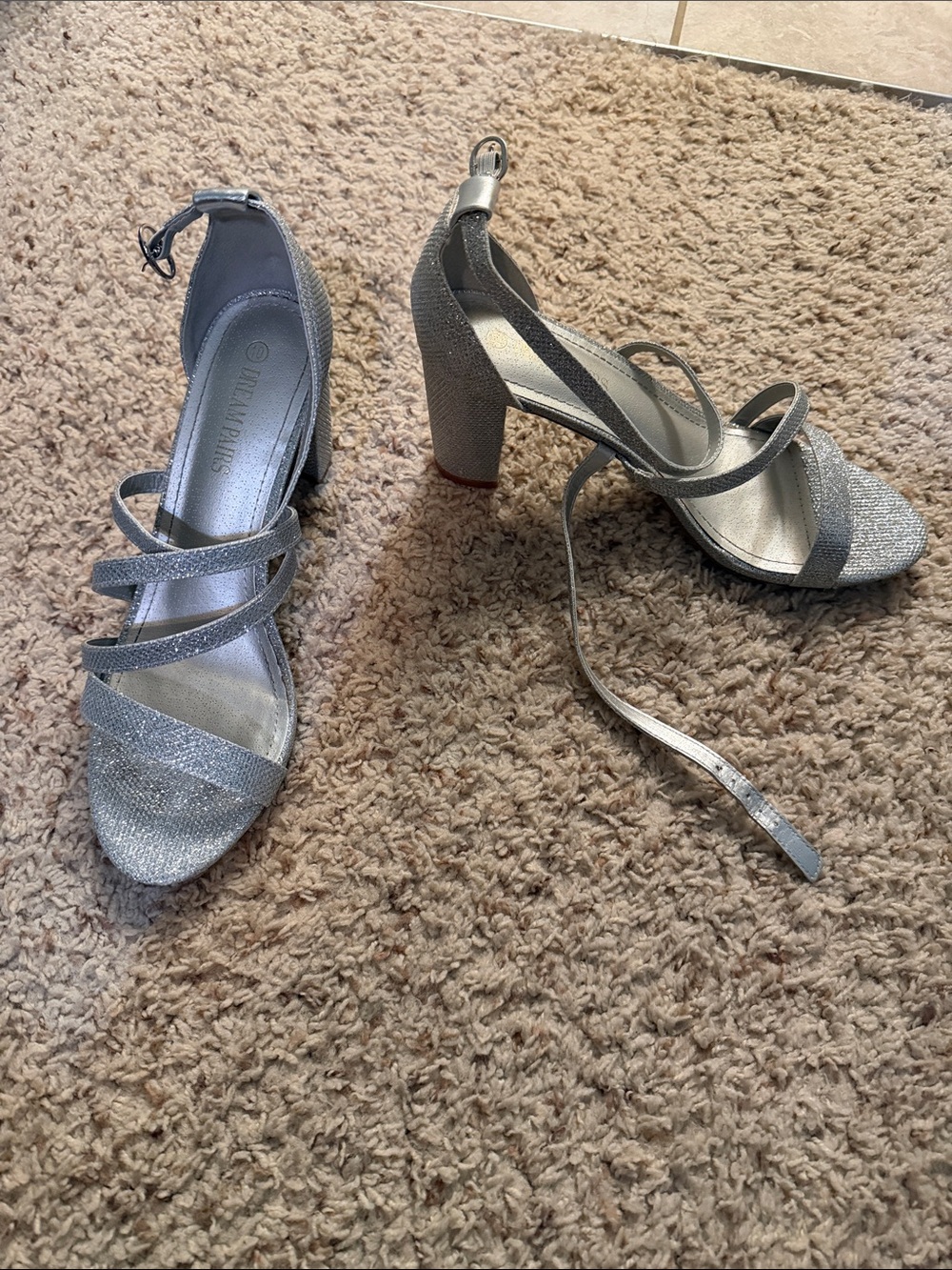 Silver Glitter Strappy Block Heel Sandals - Womens